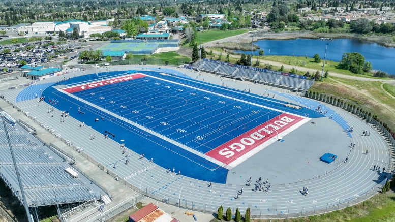 Folsom High School Bulldogs football field — aerial view of the blue turf