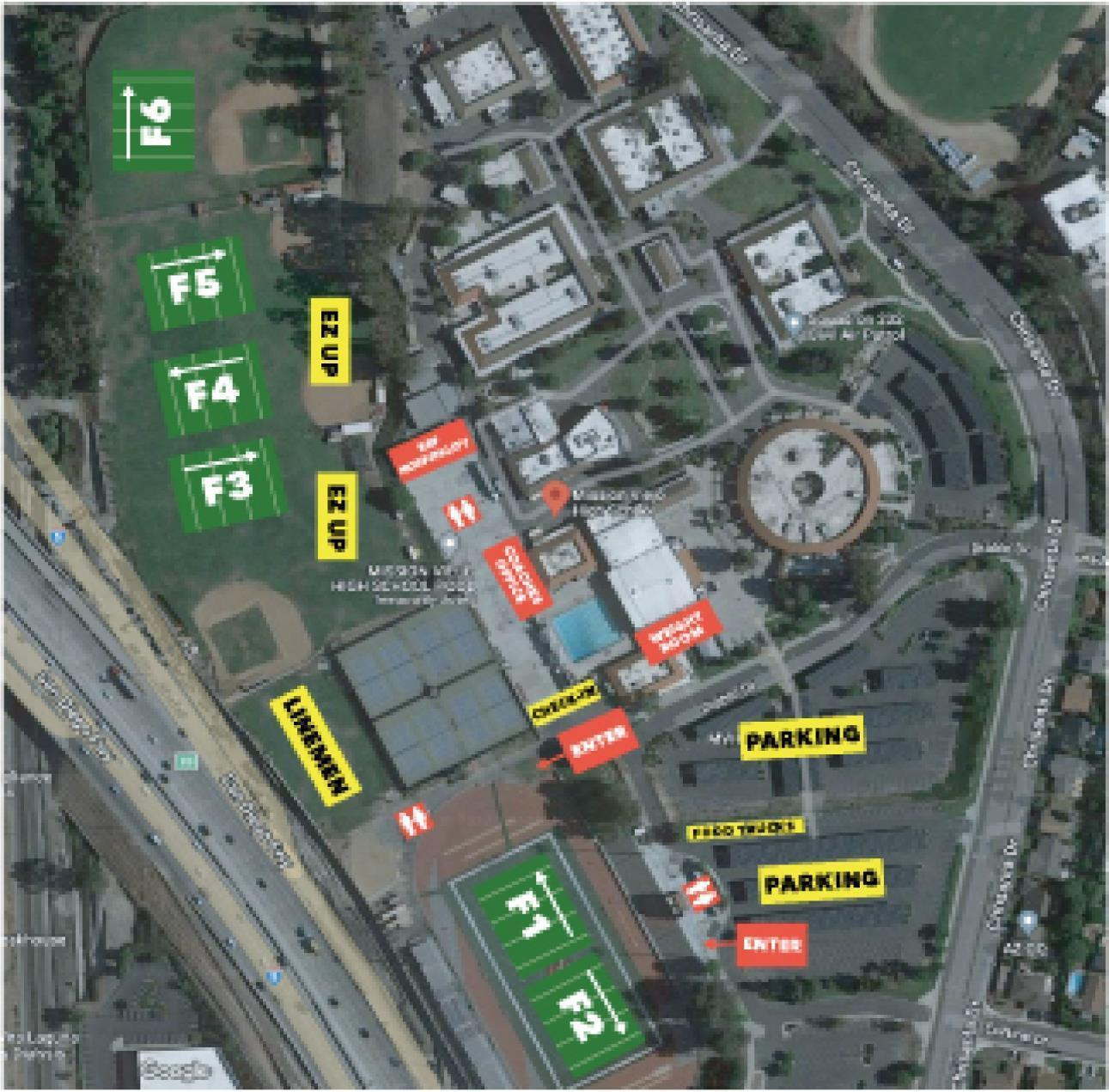 Aerial map of Mission Viejo High School showing fields F1–F6, EZ-Up areas, lineman field, check-in, food trucks and parking